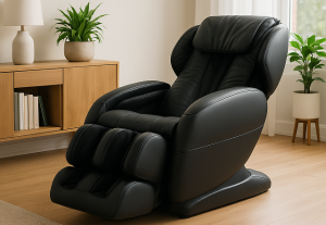 Fauteuil de massage électrique installé dans un salon lumineux au design épuré et apaisant
