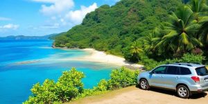 SUV stationné avec vue panoramique - location voiture Raiatea aux paysages paradisiaques