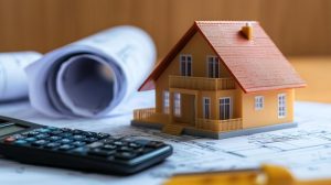 Maquette de maison, plans et calculatrice pour une Estimation immobilière