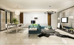 Grand espace de vie ouvert et moderne, combinant salle à manger et salon, avec un carrelage maison clair et brillant.