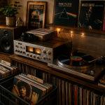 Collection de vinyles, platine et chaîne hi-fi vintage installées dans un salon chaleureux