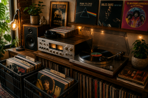 Collection de vinyles, platine et chaîne hi-fi vintage installées dans un salon chaleureux