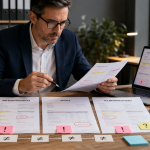 Dirigeant comparant plusieurs documents d’entreprise pour vérifier leur cohérence