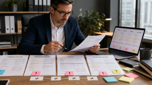 Dirigeant comparant plusieurs documents d’entreprise pour vérifier leur cohérence