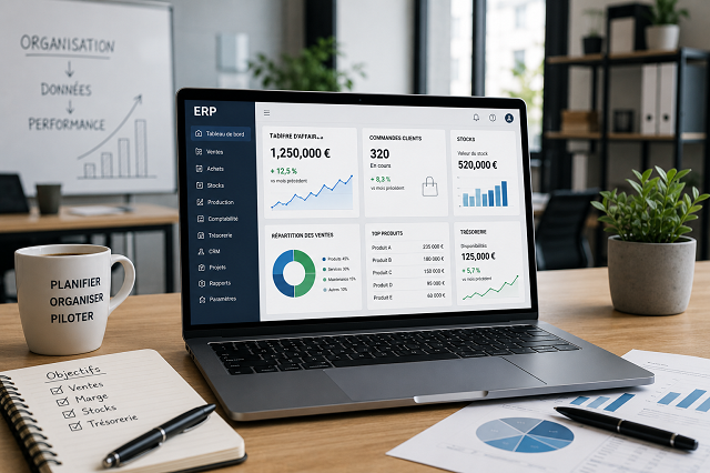 Tableau de bord d’un logiciel ERP affiché sur un ordinateur dans un environnement professionnel
