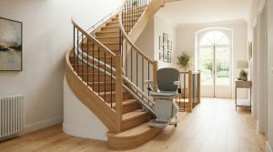 Monte-escalier moderne sur un escalier tournant, maison lumineuse