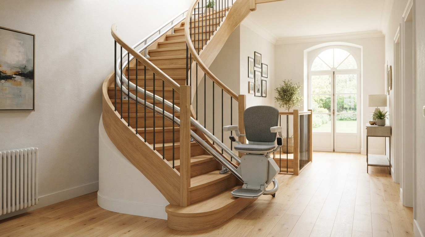 Monte-escalier moderne sur un escalier tournant, maison lumineuse